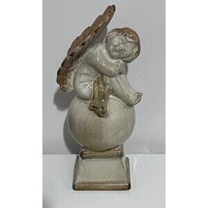 Angel Cherub Figure Statue Resting Sitting On Globe 10 Inch Heavy Glazed Ceramic